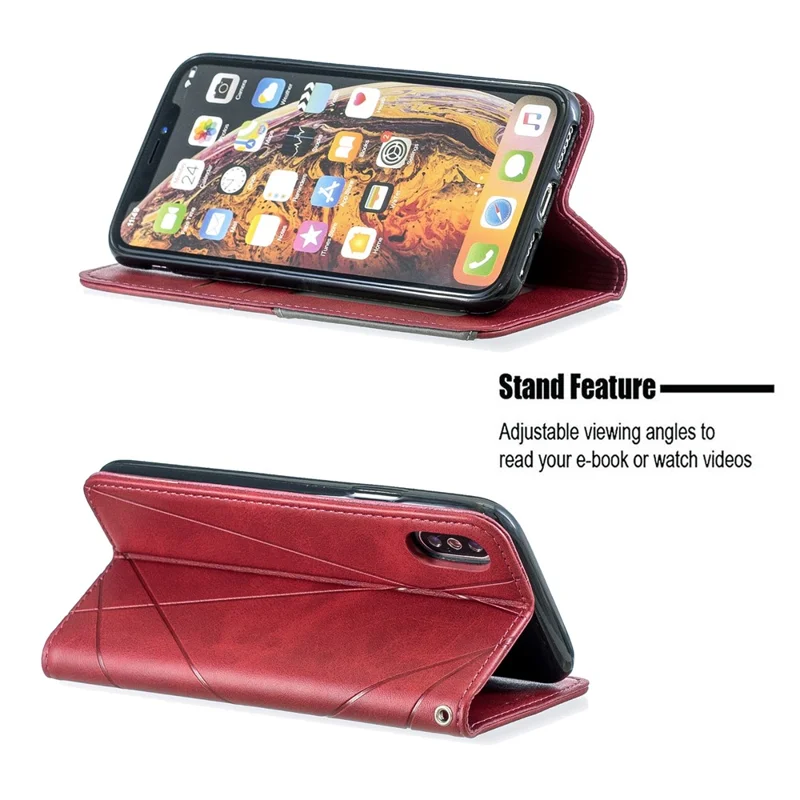 Geometric Pattern Leather Card Holder Phone Case with Stand for iPhone X / XS 5.8 inch - Red