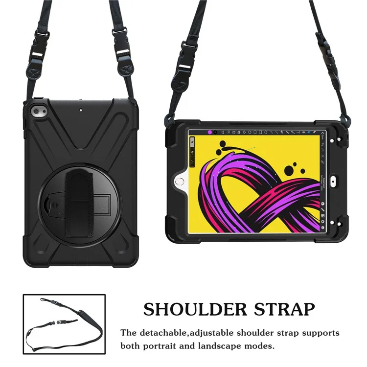 For iPad mini (2019) 7.9 inch / mini 4 X-Shape PC + TPU Rotary Kickstand Cover with Handstrap + Shoulder Strap - Black