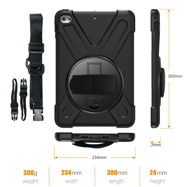 Para iPad mini (2019) de 7.9 pulgadas / mini 4 Funda con soporte giratorio en X de PC + TPU con correa de mano y correa de hombro - Negro