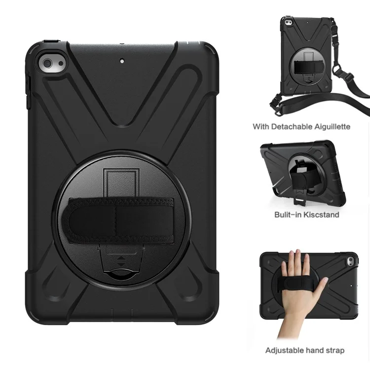 Pour iPad Mini (2019) 7,9 pouces / Mini 4 PC + TPU PC + TPU Rotary Kickstand Cover Avec Handstrap + Bandoulière - Noir