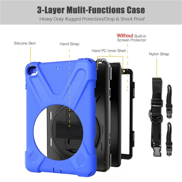 For iPad mini (2019) 7.9 inch / mini 4 X-Shape PC + TPU Rotary Kickstand Cover with Handstrap + Shoulder Strap - Blue