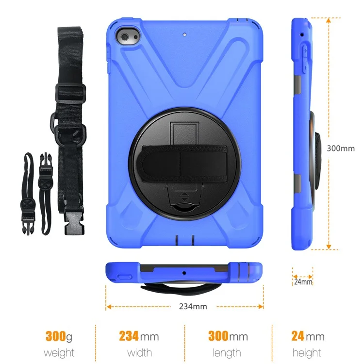 For iPad mini (2019) 7.9 inch / mini 4 X-Shape PC + TPU Rotary Kickstand Cover with Handstrap + Shoulder Strap - Blue