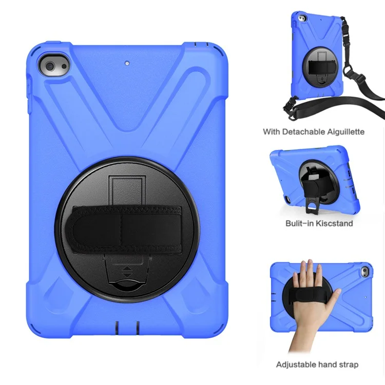 Para iPad mini (2019) 7,9 polegadas / Mini 4 X-forma Pc + Tampa De Kickstand Rotativo Do TPU Com Handstrap + Alça De Ombro - Azul