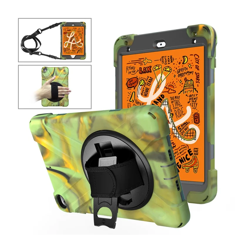 For iPad mini (2019) 7.9 inch / mini 4 X-Shape PC + TPU Rotary Kickstand Cover with Handstrap + Shoulder Strap - Army Green