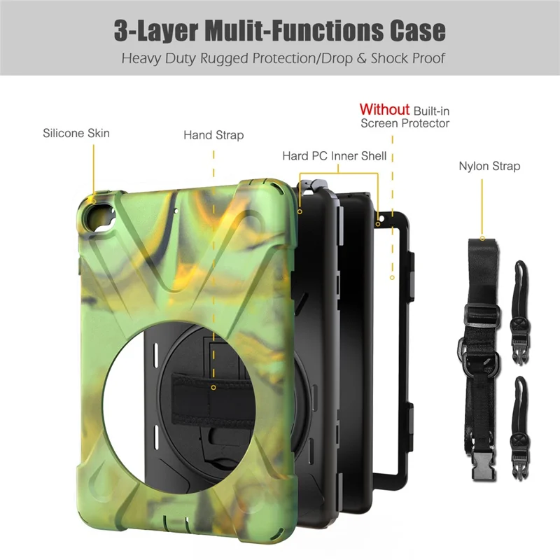 For iPad mini (2019) 7.9 inch / mini 4 X-Shape PC + TPU Rotary Kickstand Cover with Handstrap + Shoulder Strap - Army Green