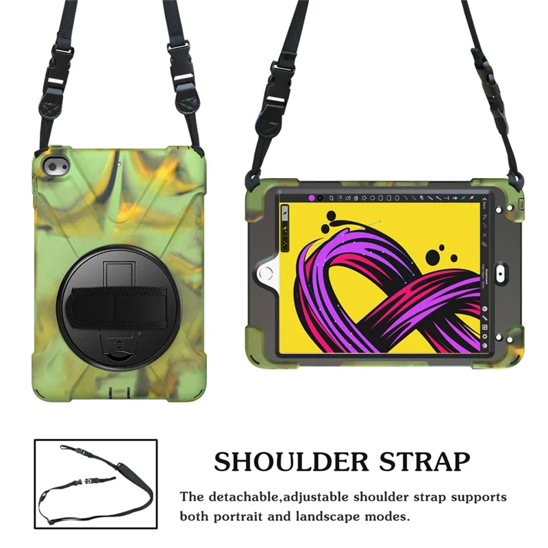 For iPad mini (2019) 7.9 inch / mini 4 X-Shape PC + TPU Rotary Kickstand Cover with Handstrap + Shoulder Strap - Army Green