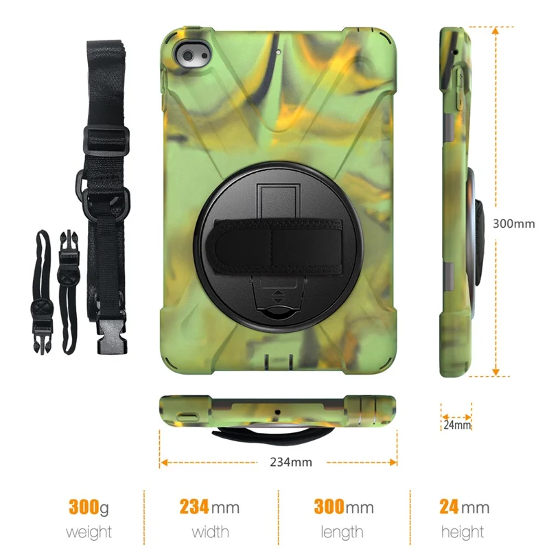 For iPad mini (2019) 7.9 inch / mini 4 X-Shape PC + TPU Rotary Kickstand Cover with Handstrap + Shoulder Strap - Army Green