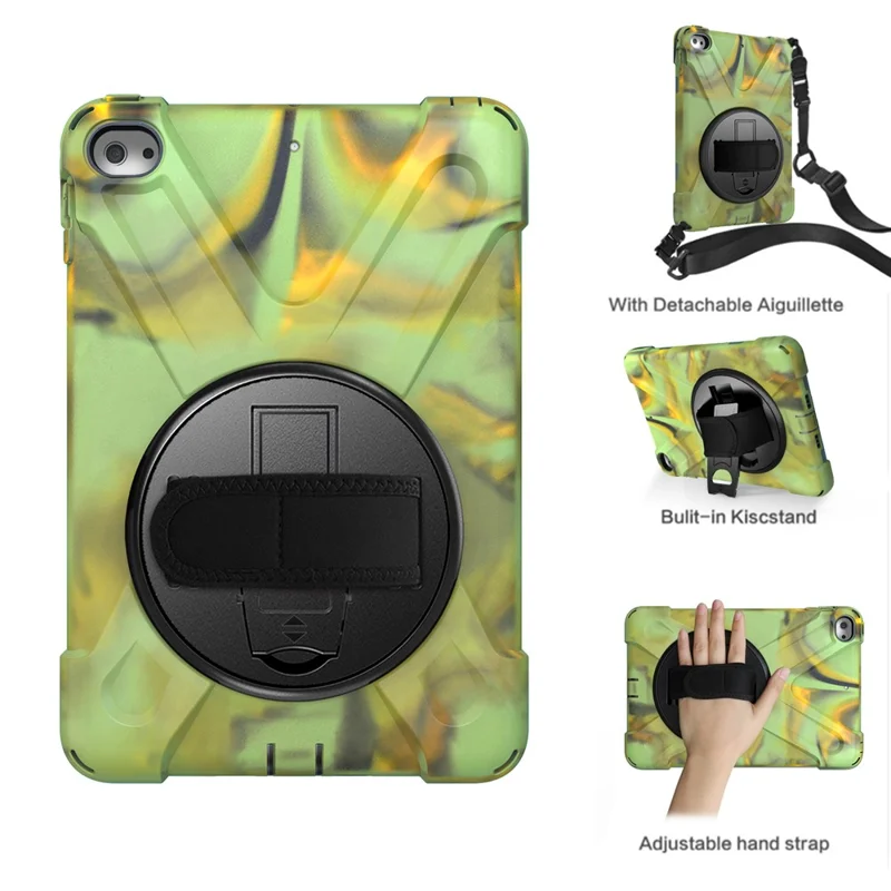 For iPad mini (2019) 7.9 inch / mini 4 X-Shape PC + TPU Rotary Kickstand Cover with Handstrap + Shoulder Strap - Army Green