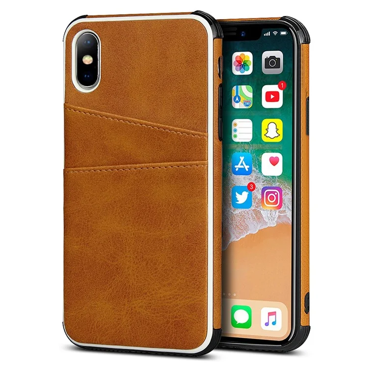 For iPhone X / XS Leather+PC Casing Shell with Two Card Slots - Brown