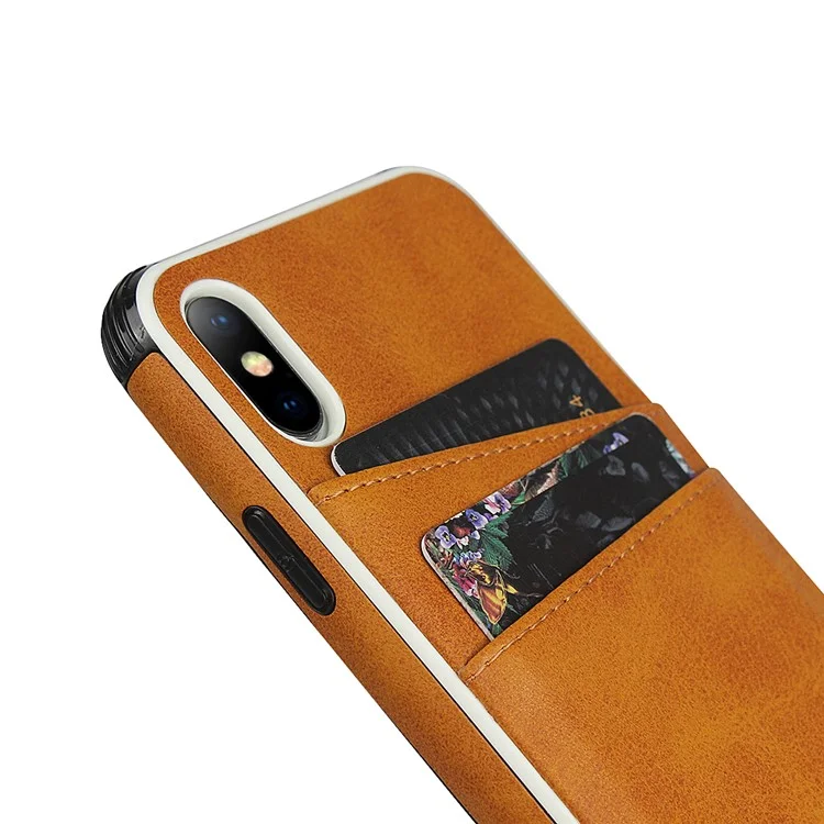 For iPhone X / XS Leather+PC Casing Shell with Two Card Slots - Brown