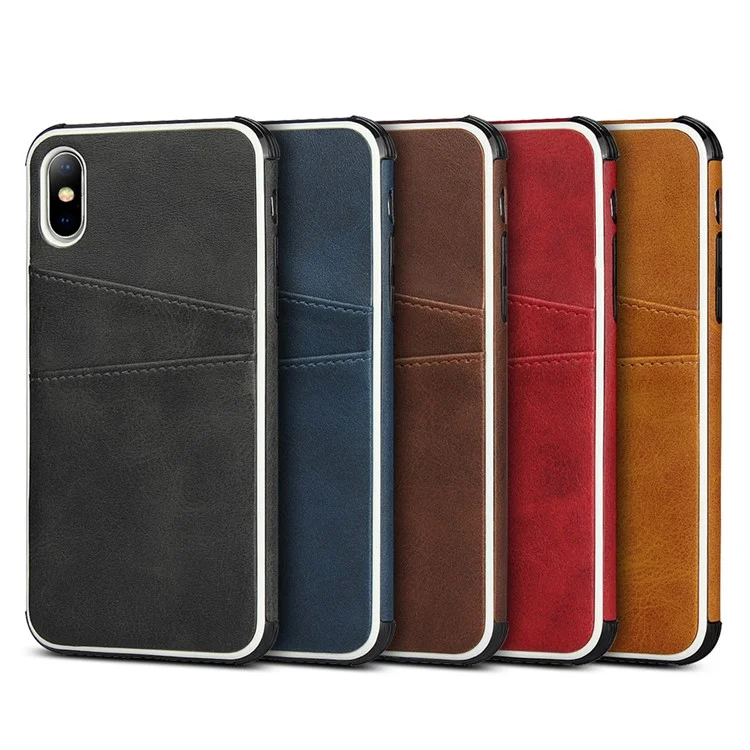 For iPhone X / XS Leather+PC Casing Shell with Two Card Slots - Brown