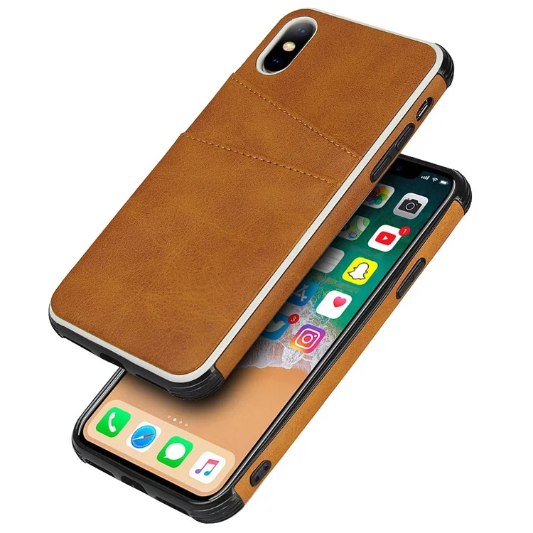 For iPhone X / XS Leather+PC Casing Shell with Two Card Slots - Brown