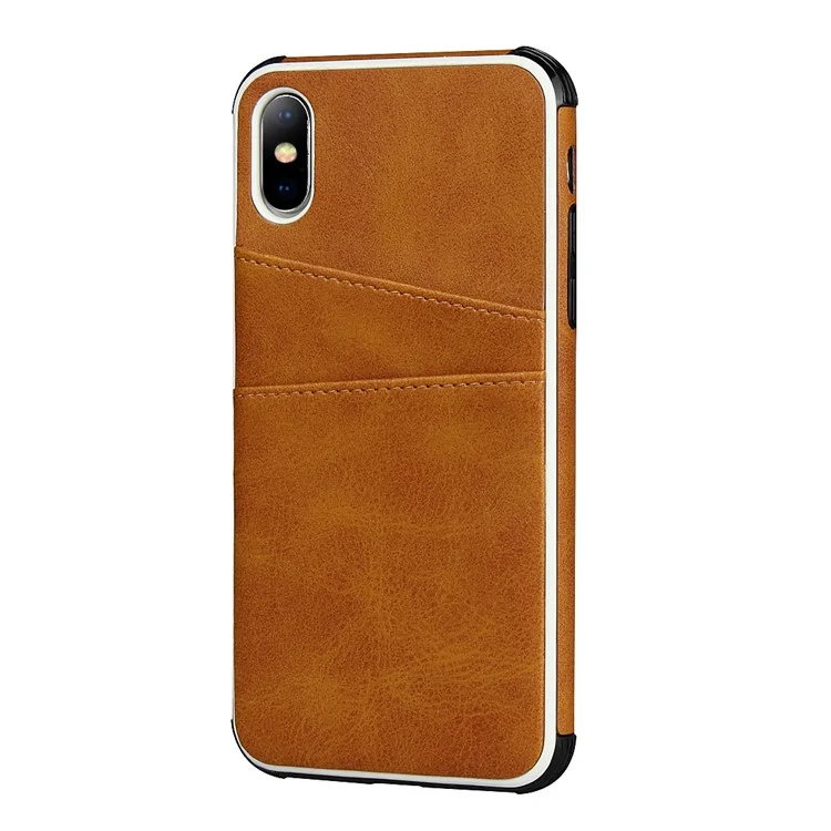 For iPhone X / XS Leather+PC Casing Shell with Two Card Slots - Brown