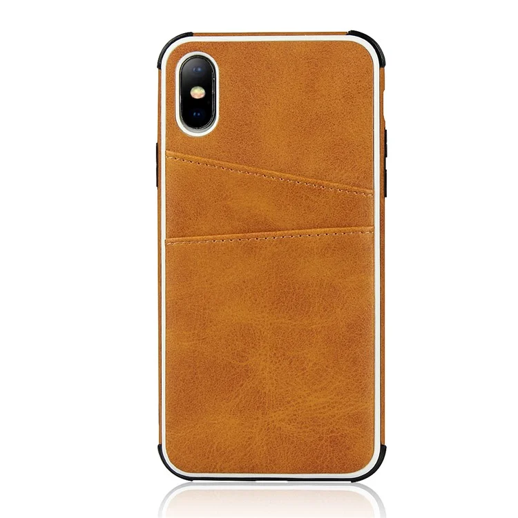 For iPhone X / XS Leather+PC Casing Shell with Two Card Slots - Brown