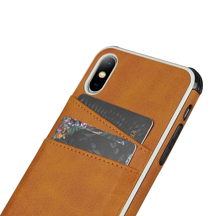 For iPhone X / XS Leather+PC Casing Shell with Two Card Slots - Brown