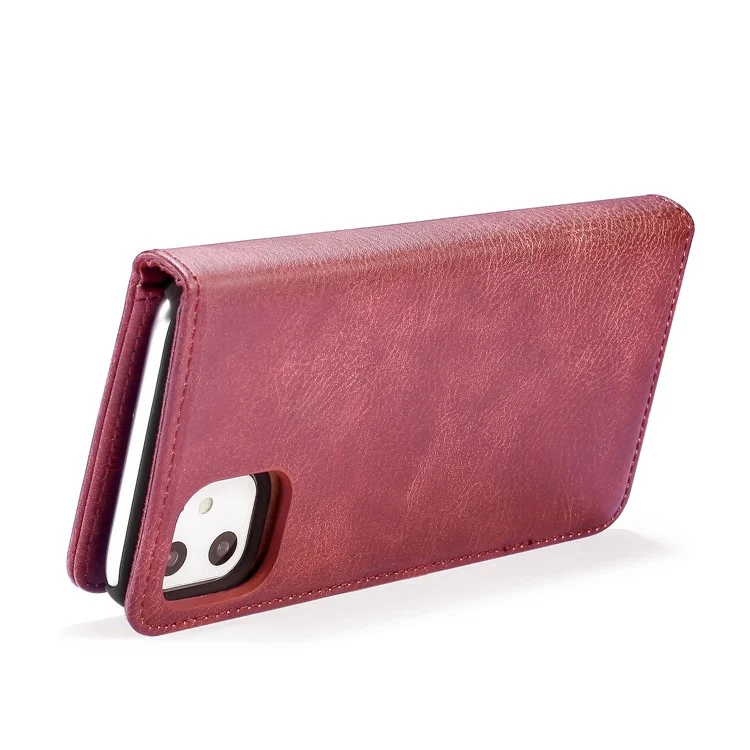 DG.MING Stylish Anti-fingerprint Easy Detechable Split Leather Wallet Flip Folio Case Stand Shockproof PC Inner Cover for iPhone 11 6.1 inch (2019) - Wine Red