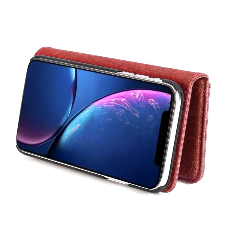 DG.MING Stylish Anti-fingerprint Easy Detechable Split Leather Wallet Flip Folio Case Stand Shockproof PC Inner Cover for iPhone 11 6.1 inch (2019) - Wine Red