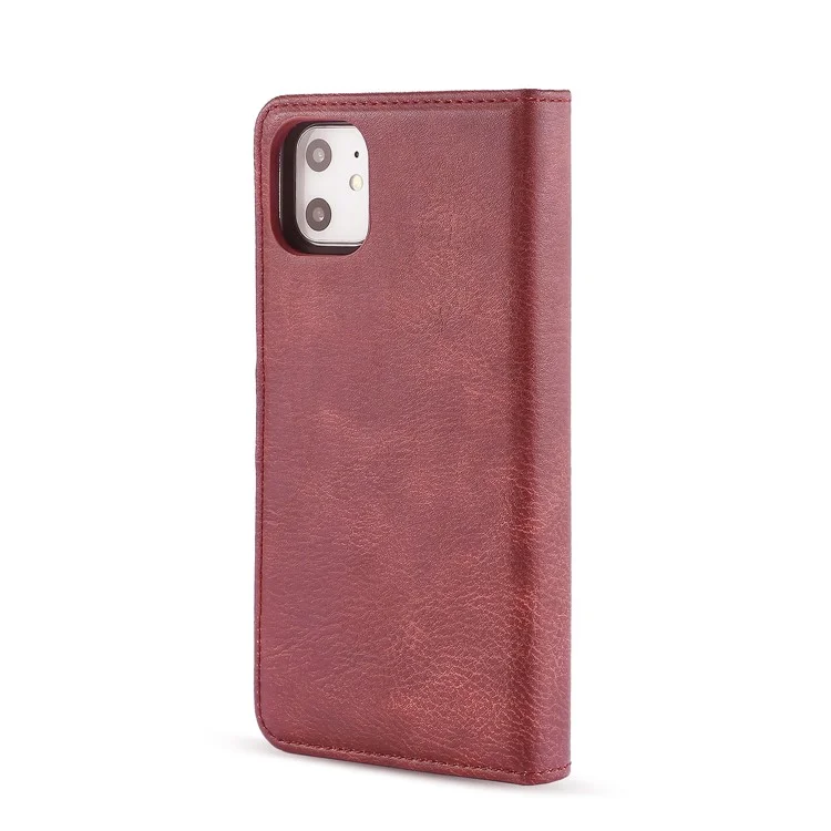 Dg. Ming Elegante Anti-finger-hprint Fácil Detallable de Cuero Dividido Billetera Folio Folio Stand Cubierta de PC a Prueba de Choque Para Iphone 11 6.1 Pulgadas (2019) - Vino Rojo