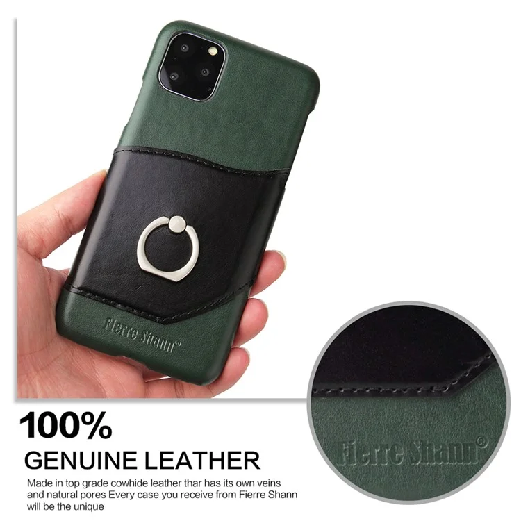 FIERRE SHANN Card Holder Genuine Leather Coated PC Shell with Kickstand Phone Case for iPhone 11 Pro 5.8 inch (2019) - Green