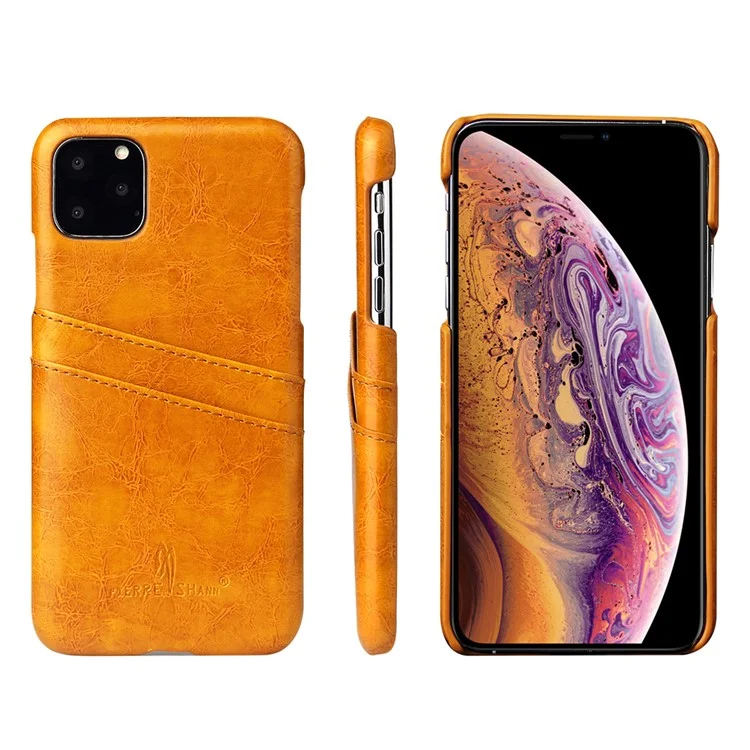 FIERRE SHANN Oil Wax Leather Coated PC Hard Phone Case with Dual Card Holder Cover for iPhone 11 6.1 inch (2019) - Yellow
