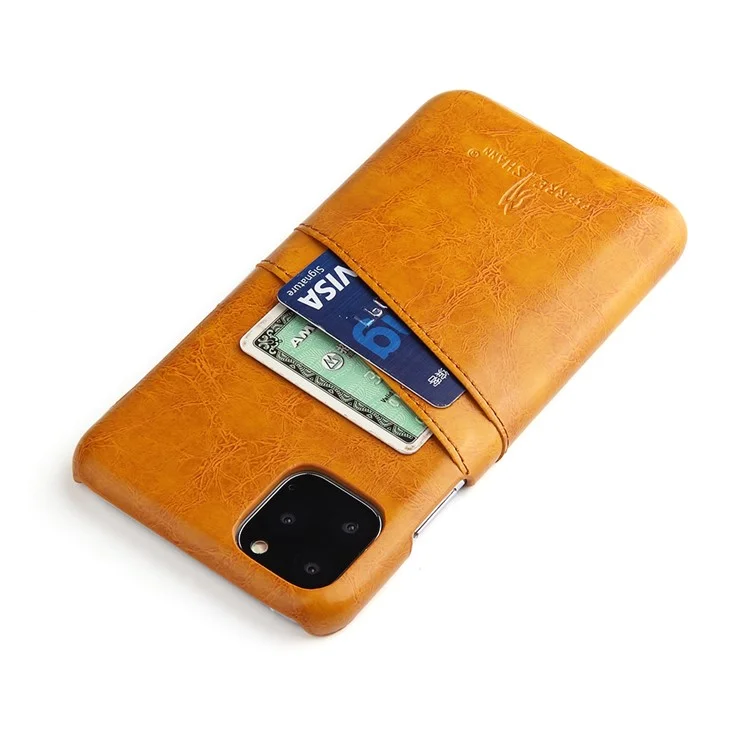 FIERRE SHANN Oil Wax Leather Coated PC Hard Phone Case with Dual Card Holder Cover for iPhone 11 6.1 inch (2019) - Yellow