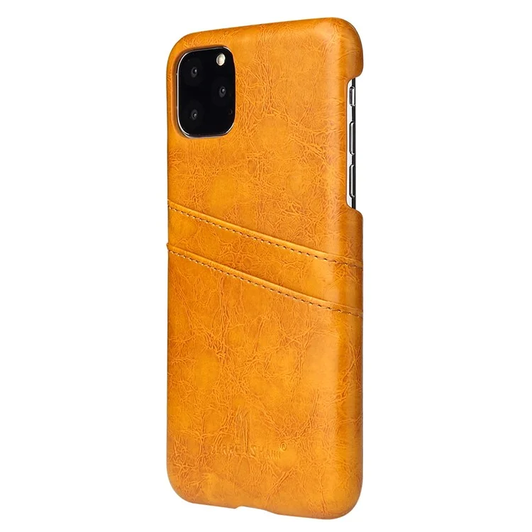 FIERRE SHANN Oil Wax Leather Coated PC Hard Phone Case with Dual Card Holder Cover for iPhone 11 6.1 inch (2019) - Yellow