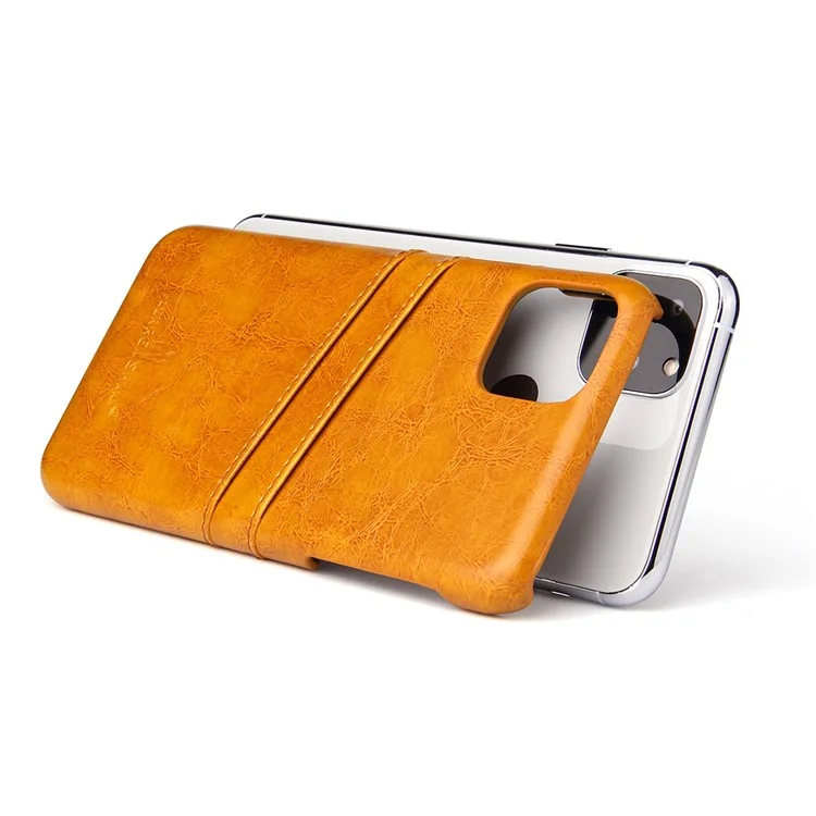 FIERRE SHANN Oil Wax Leather Coated PC Hard Phone Case with Dual Card Holder Cover for iPhone 11 6.1 inch (2019) - Yellow
