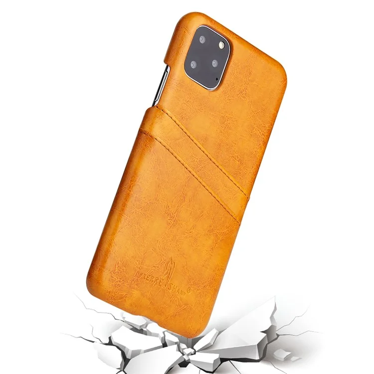 FIERRE SHANN Oil Wax Leather Coated PC Hard Phone Case with Dual Card Holder Cover for iPhone 11 6.1 inch (2019) - Yellow