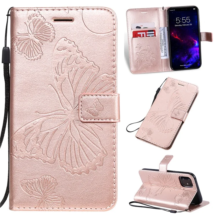 KT Imprinting Flower Series-2 Imprint Butterfly Leather Wallet Case for iPhone 11 6.1 inch (2019) - Rose Gold