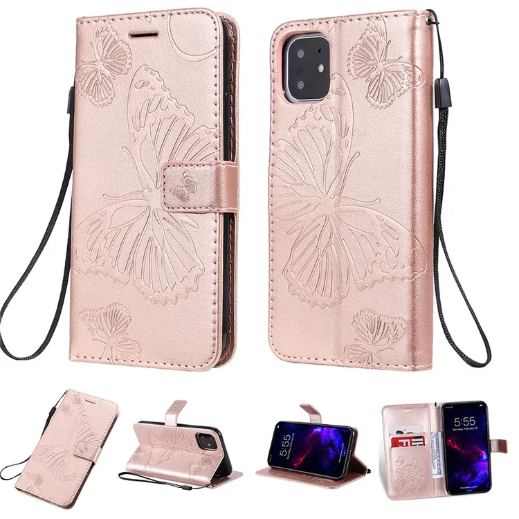 KT Imprinting Flower Series-2 Imprint Butterfly Leather Wallet Case for iPhone 11 6.1 inch (2019) - Rose Gold