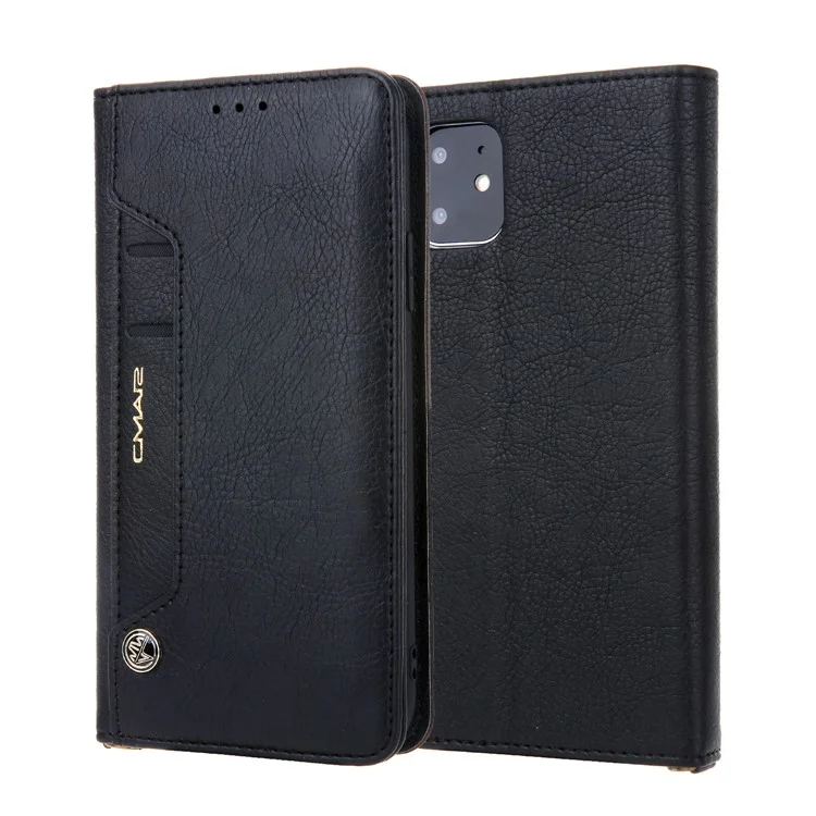 CMAI2 Litchi Grain Auto-absorbed Leather Wallet Cover für iPhone 11 6.1 Zoll (2019) - Schwarz