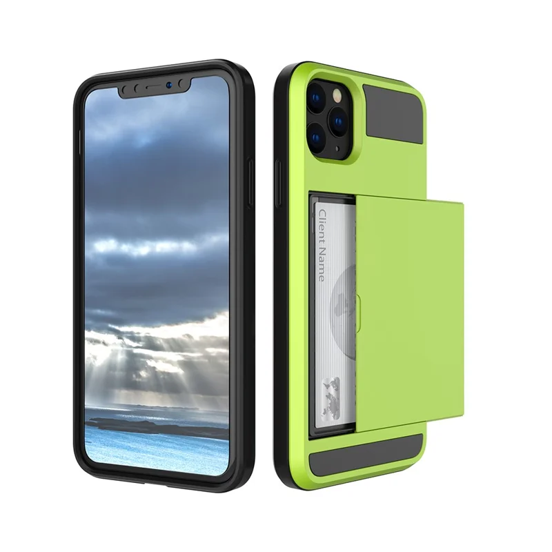 For iPhone 11 6.1 inch (2019) Slide Card Holder PC + TPU Hybrid Mobile Phone Casing - Fluorescent Green