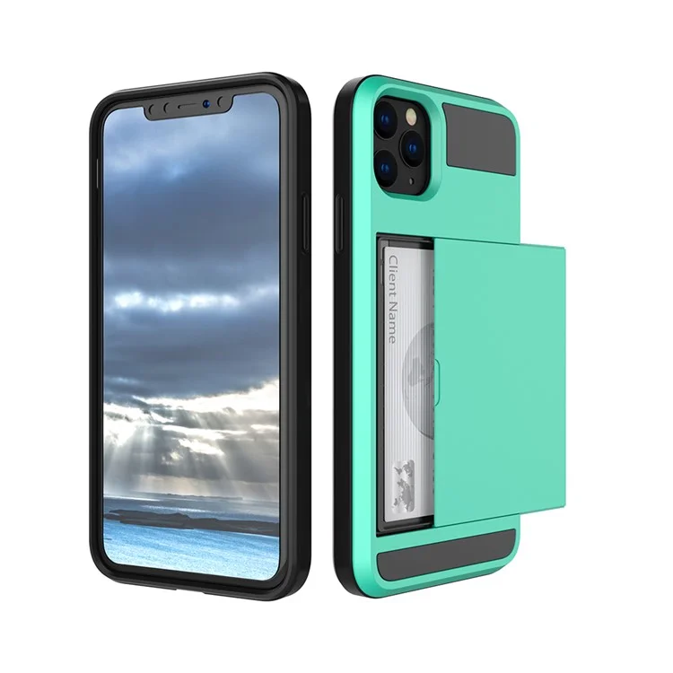 Para iPhone 11 6,1 polegadas (2019) Slide Card Holder PC + TPU Hybrid Mobile Phone Casing - Cyan
