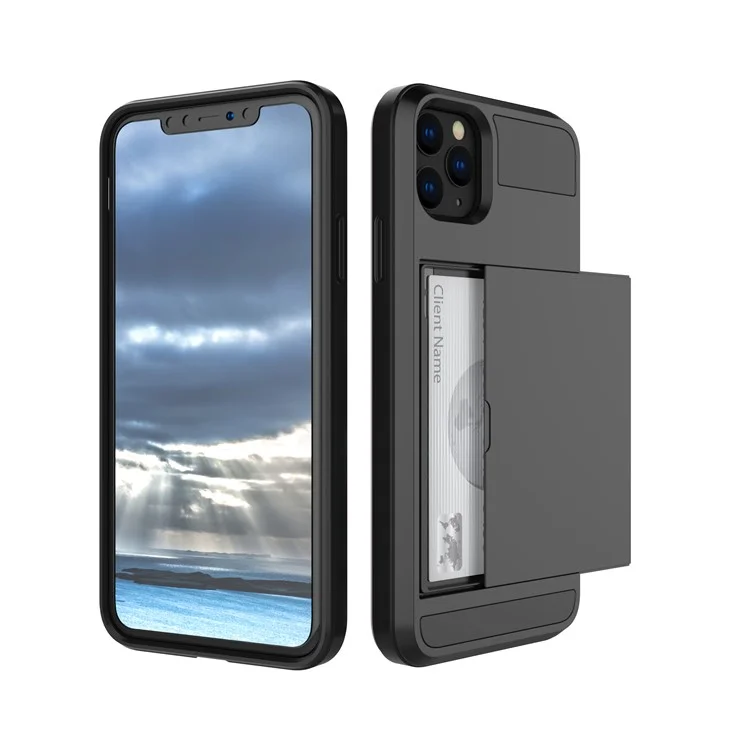 Titular De Cartão De Deslizamento Plástico Híbrido + Tampa De Tpu Shell Para Iphone 11 Pro Max 6,5 Polegadas (2019) - Preto