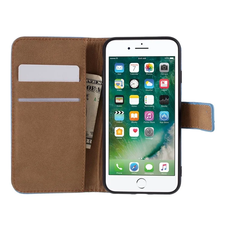 Stand Function Genuine Leather Wallet Flip Case with Secure Magnetic Closure for iPhone 8 / 7 / SE (2020) / SE (2022) - Blue