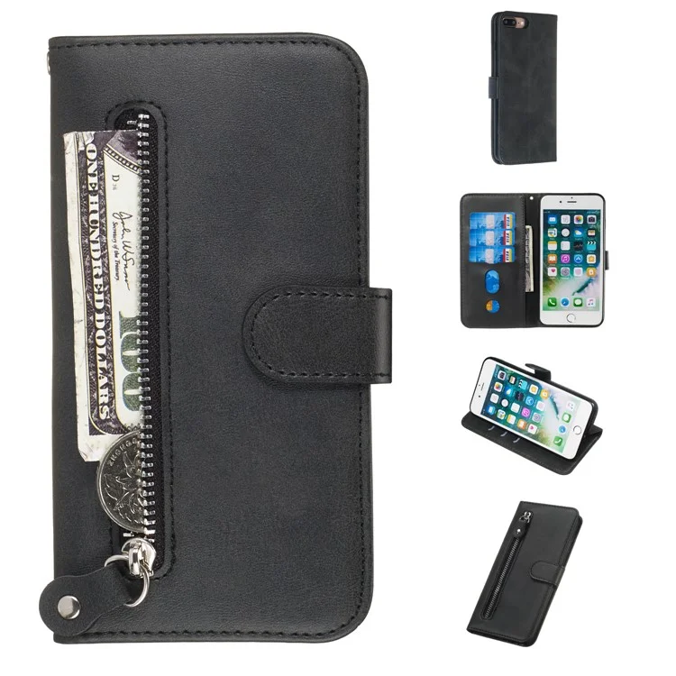 Zipper Pocket Wallet Stand Flip Leather Protective Case per iPhone 8 Plus/7 Plus 4.7 pollici - Nero