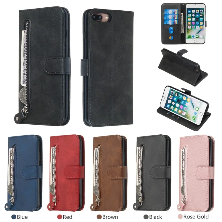 Zipper Pocket Wallet Stand Flip Leather Protective Case per iPhone 8 Plus/7 Plus 4.7 pollici - Nero