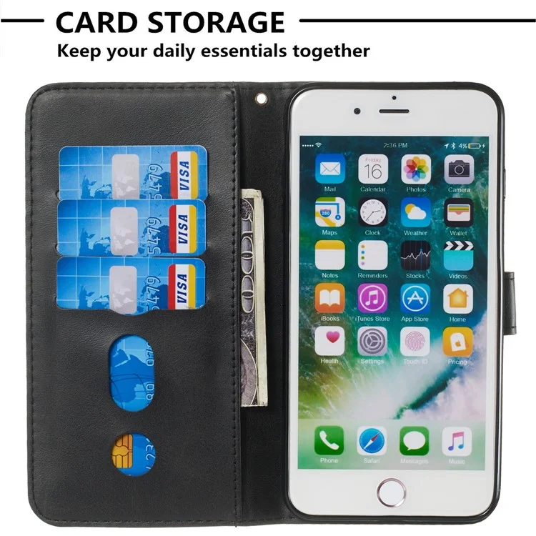 Zipper Pocket Wallet Stand Flip Leather Protective Case per iPhone 8 Plus/7 Plus 4.7 pollici - Nero