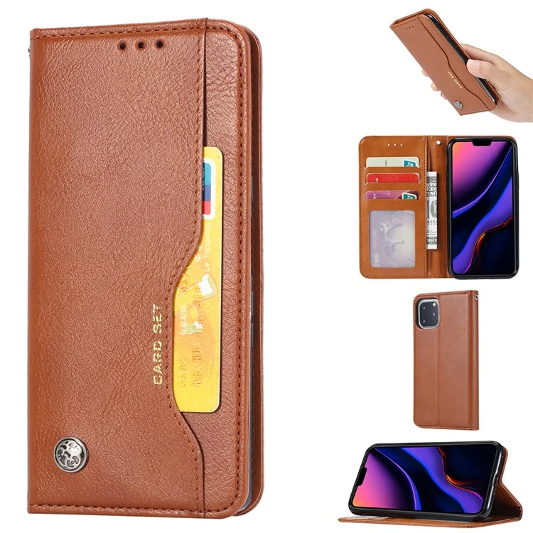 Автоматический Кожаный Кожаный Кошелек Для IPhone 11 Pro Max 6,5 Дюйма (2019) - Коричневый