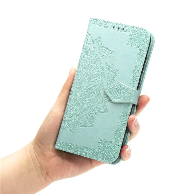 Embossed Mandala Flower Leather Wallet Stand Case for iPhone 11 6.1 inch (2019) - Cyan