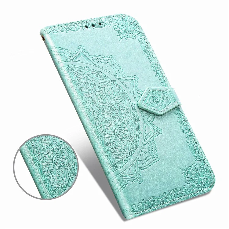Embossed Mandala Flower Leather Wallet Stand Case for iPhone 11 6.1 inch (2019) - Cyan