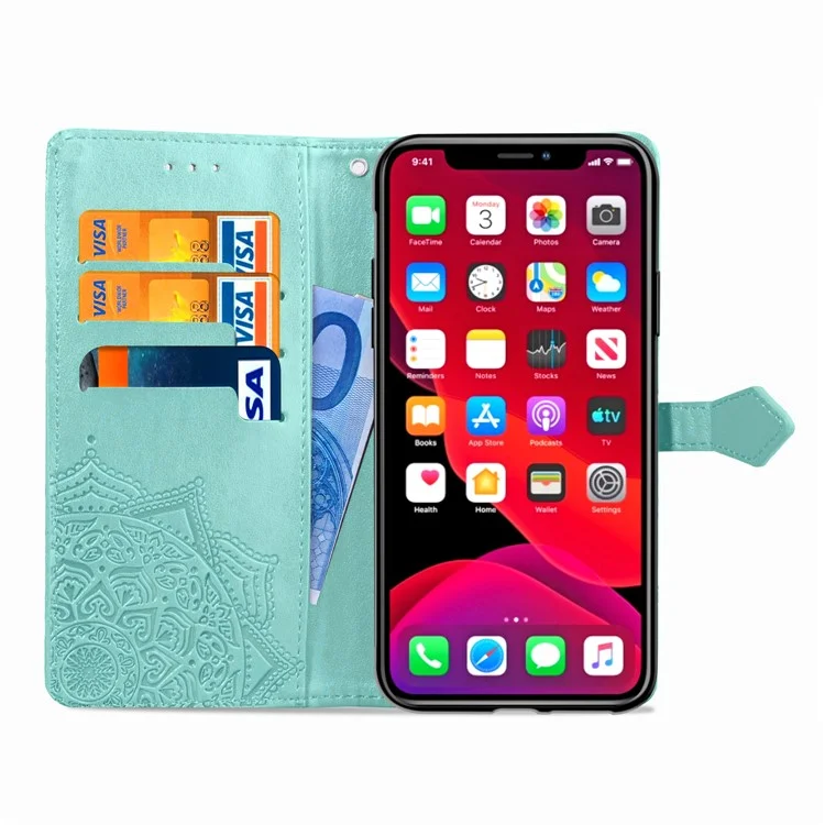 Embossed Mandala Flower Leather Wallet Stand Case for iPhone 11 6.1 inch (2019) - Cyan