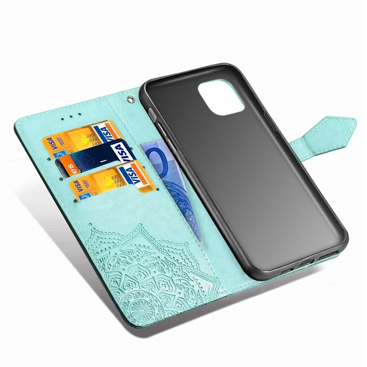 Embossed Mandala Flower Leather Wallet Stand Case for iPhone 11 6.1 inch (2019) - Cyan