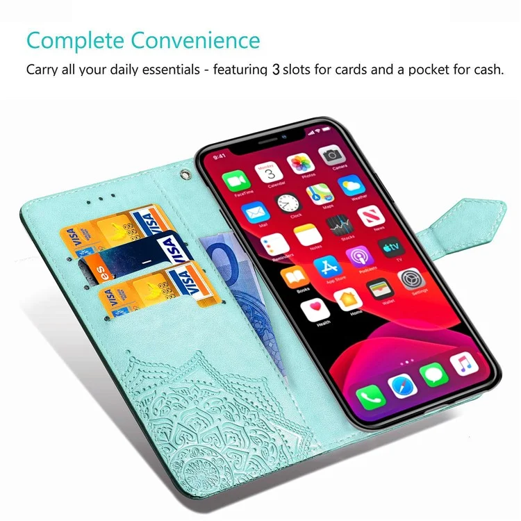 Embossed Mandala Flower Leather Wallet Stand Case for iPhone 11 6.1 inch (2019) - Cyan