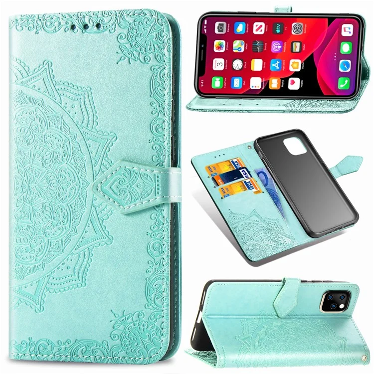 Geprägter Mandala Blumenbrieftasche Lederstand Hülle Für Iphone 11 Pro Max 6,5 Zoll (2019) - Cyan