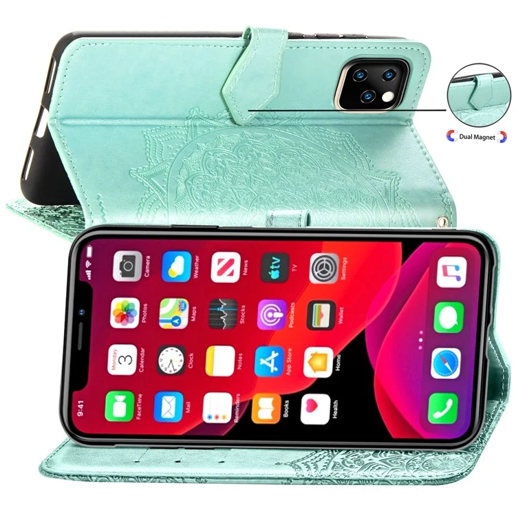 Geprägter Mandala Blumenbrieftasche Lederstand Hülle Für Iphone 11 Pro Max 6,5 Zoll (2019) - Cyan