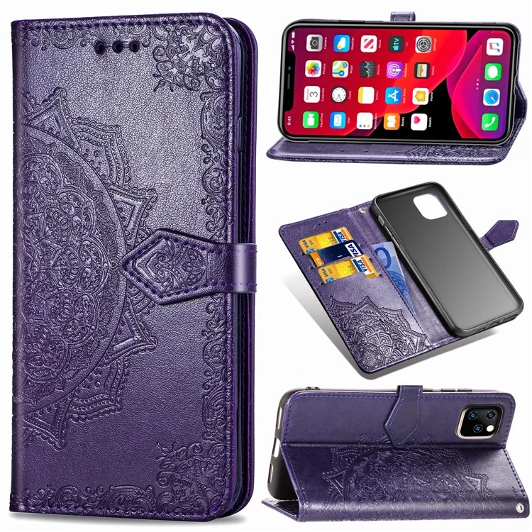 Geprägter Mandala Blumenbrieftasche Lederstand Hülle Für Iphone 11 Pro Max 6,5 Zoll (2019) - Violett