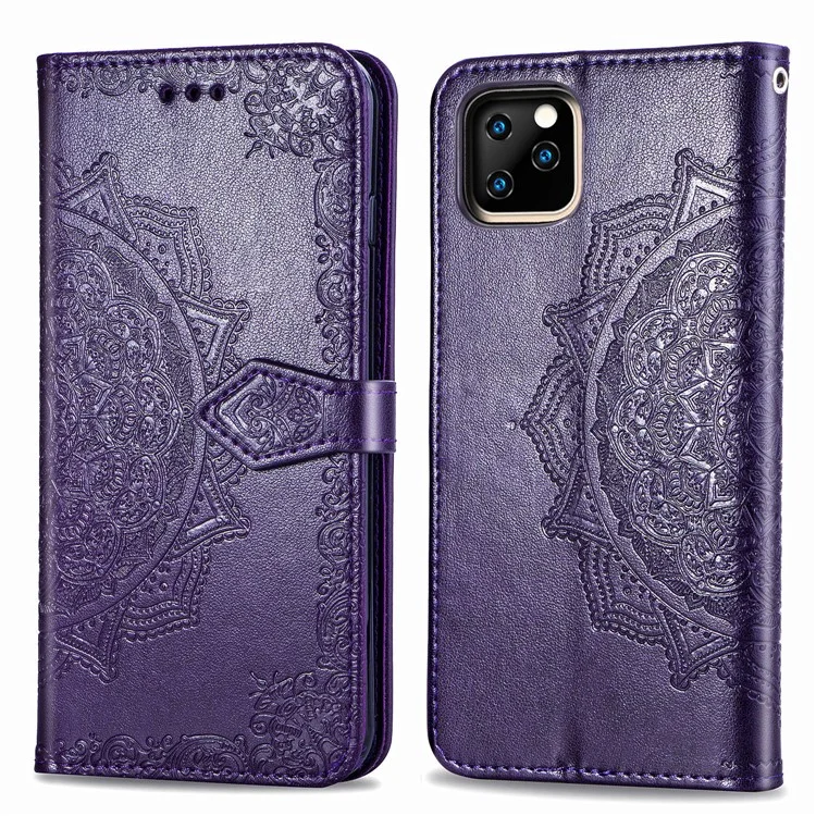 Geprägter Mandala Blumenbrieftasche Lederstand Hülle Für Iphone 11 Pro Max 6,5 Zoll (2019) - Violett
