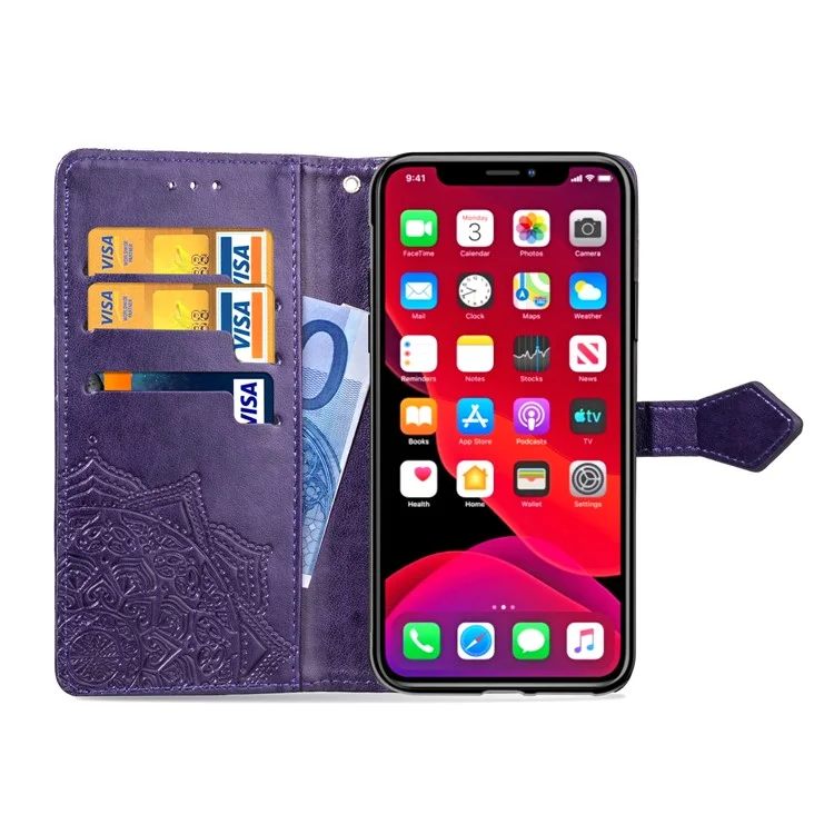 Geprägter Mandala Blumenbrieftasche Lederstand Hülle Für Iphone 11 Pro Max 6,5 Zoll (2019) - Violett