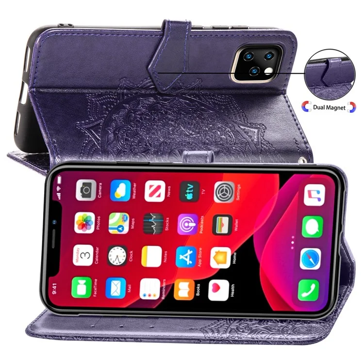 Geprägter Mandala Blumenbrieftasche Lederstand Hülle Für Iphone 11 Pro Max 6,5 Zoll (2019) - Violett